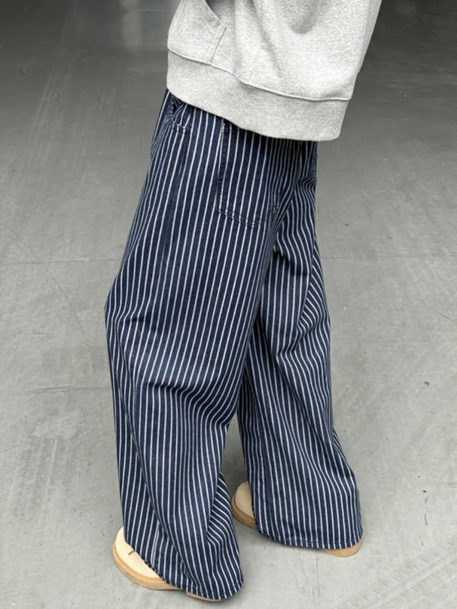 

American Retro Blue White Striped Loose Wide Leg Casual Pants ex Lazy Japanese Sle Floor Length Trousers Trendy