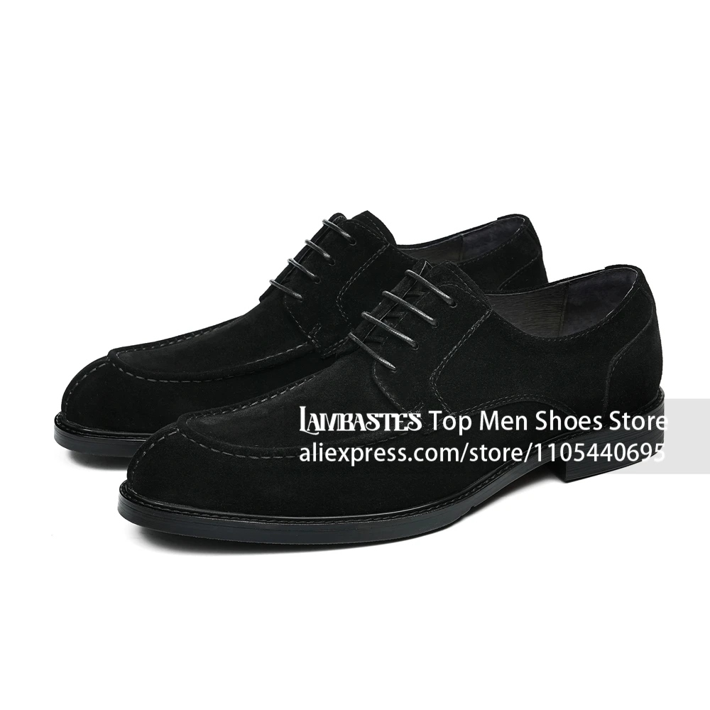 Cow Suede Round Toe Lace Up Dress Shoes Low Heel Formal Work Derby Shoes Polished Matte Suede Daily Office Dress Shoes for Men