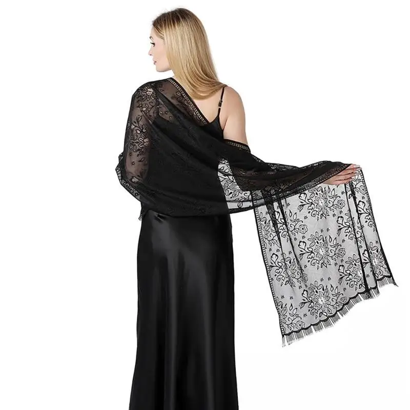 39BD Woman Mantilla Shawl Wedding Church Lace Trim Scarf Soft Floral Scarf Wrap Wedding Mantilla Shawl
