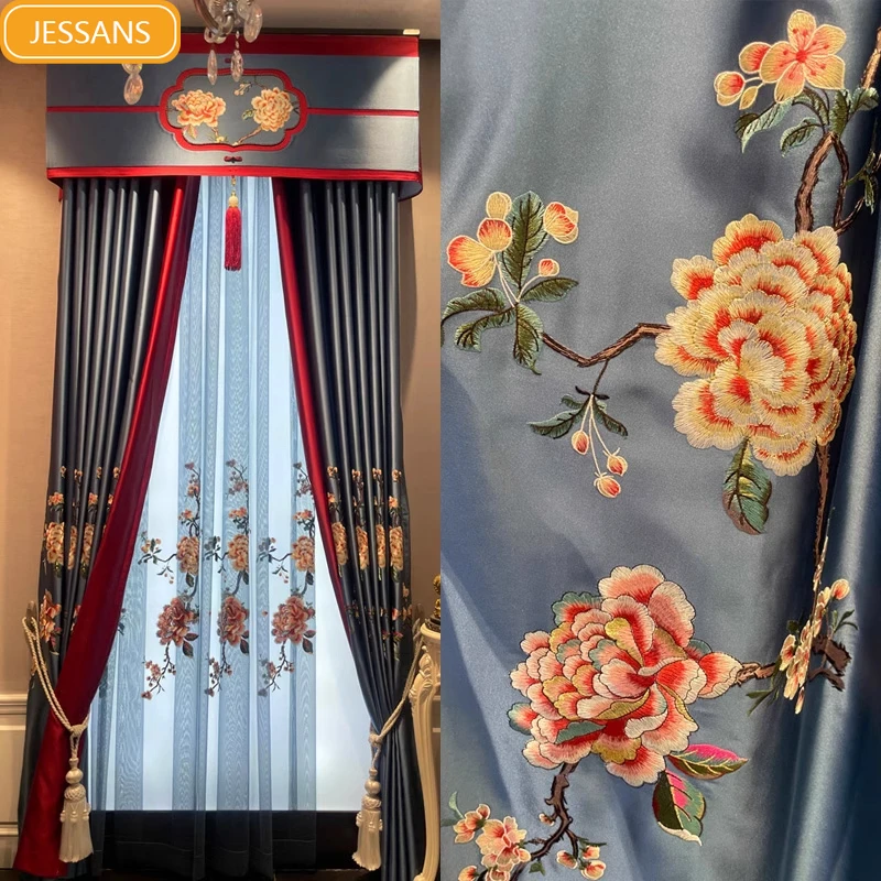 

New Chinese Blue High-end Peony Embroidery Patched Curtains for Living Room Bedroom Study Villa French Window Customized Curtain