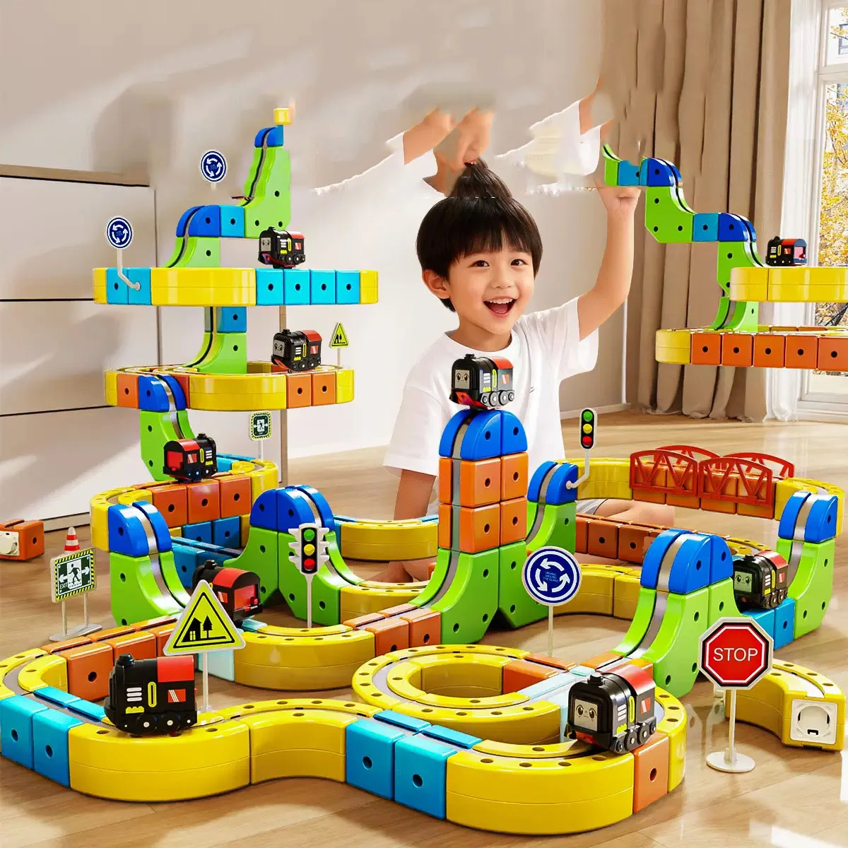 المكعب السحري غير المغناطيسي متنوعة اللبنات قطار السكك الحديدية سيارة الكهربائية المضادة للجاذبية الأطفال الربط السكك الحديدية سيارة تسليم 2 سيارات