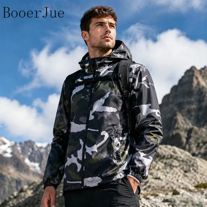 Men‘s Camouflage Hooded Running Jackets Lightweight Casual Loose Fit Outdoor Coat Autumn Outerwear Sports Jacket Men Clothing