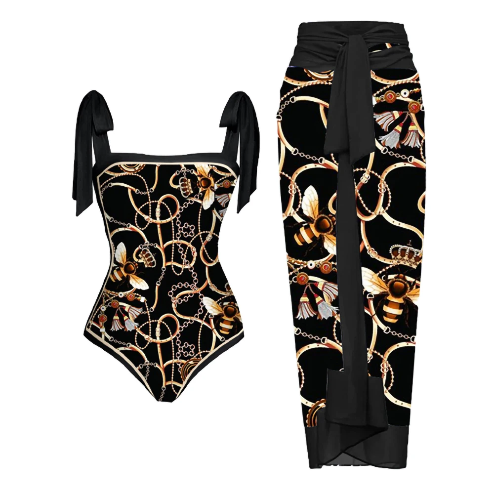 Fashion Bee Print Swimsuit Luxury Square Neck Bow Suspender Bikini One Piece Sexy Slim 2023 Irregular Straps Cover Up Beachwear