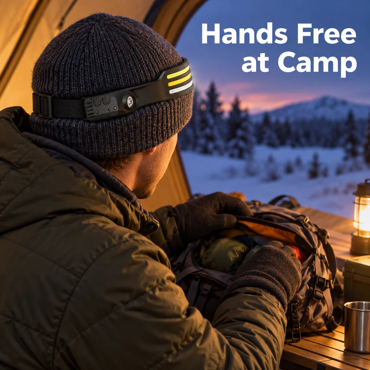Camping Headlamp with Motion Sensor, White Red Yellow Light, Type-C Rechargeable Head Torch with Adjustable Strap