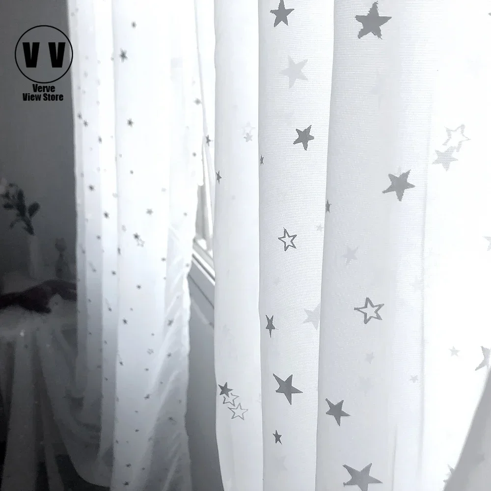 

White Shiny Sliver Star Tulle Window Curtain for Living Room, Modern Sheer Voile Curtain for Bedroom Kitchen Drape Blinds Custom