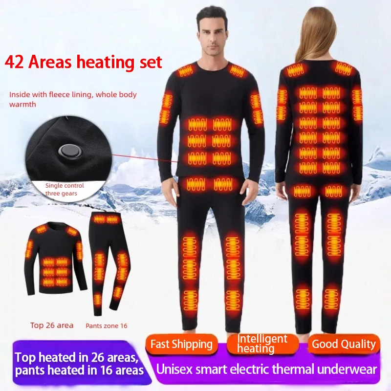 

42-зонное нижнее белье с электрическим подогревом, комплект термобелья унисекс с USB-постоянной температурой и подогревом для зимних видов спорта на открытом воздухе