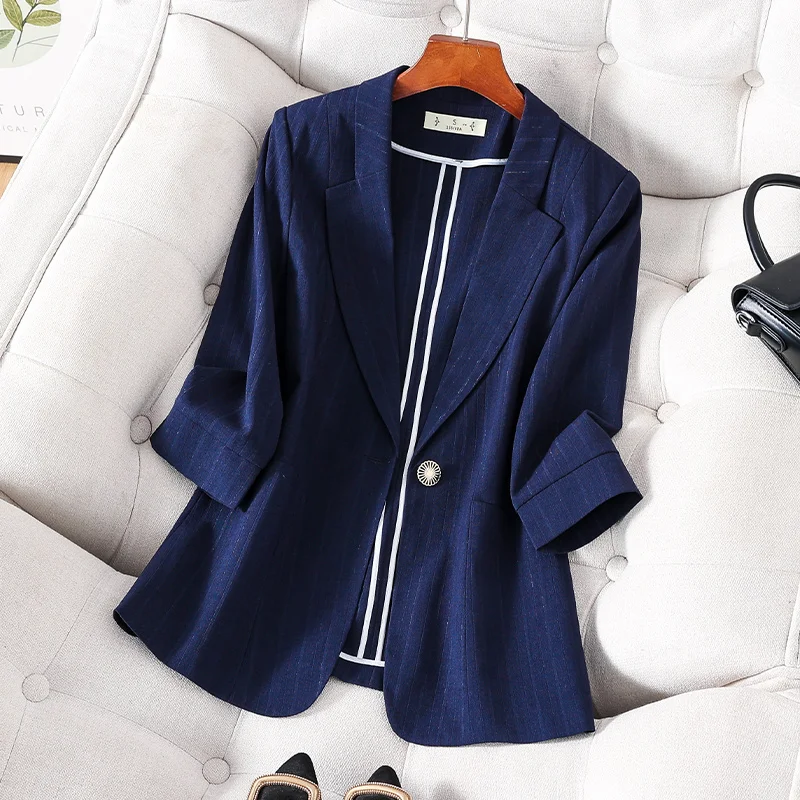 S-4XL Blue Striped Oversized Blazers for Women 2023 Korean Fashion Single Breasted Chic Suits Coats Office Ladies Casual Jacket