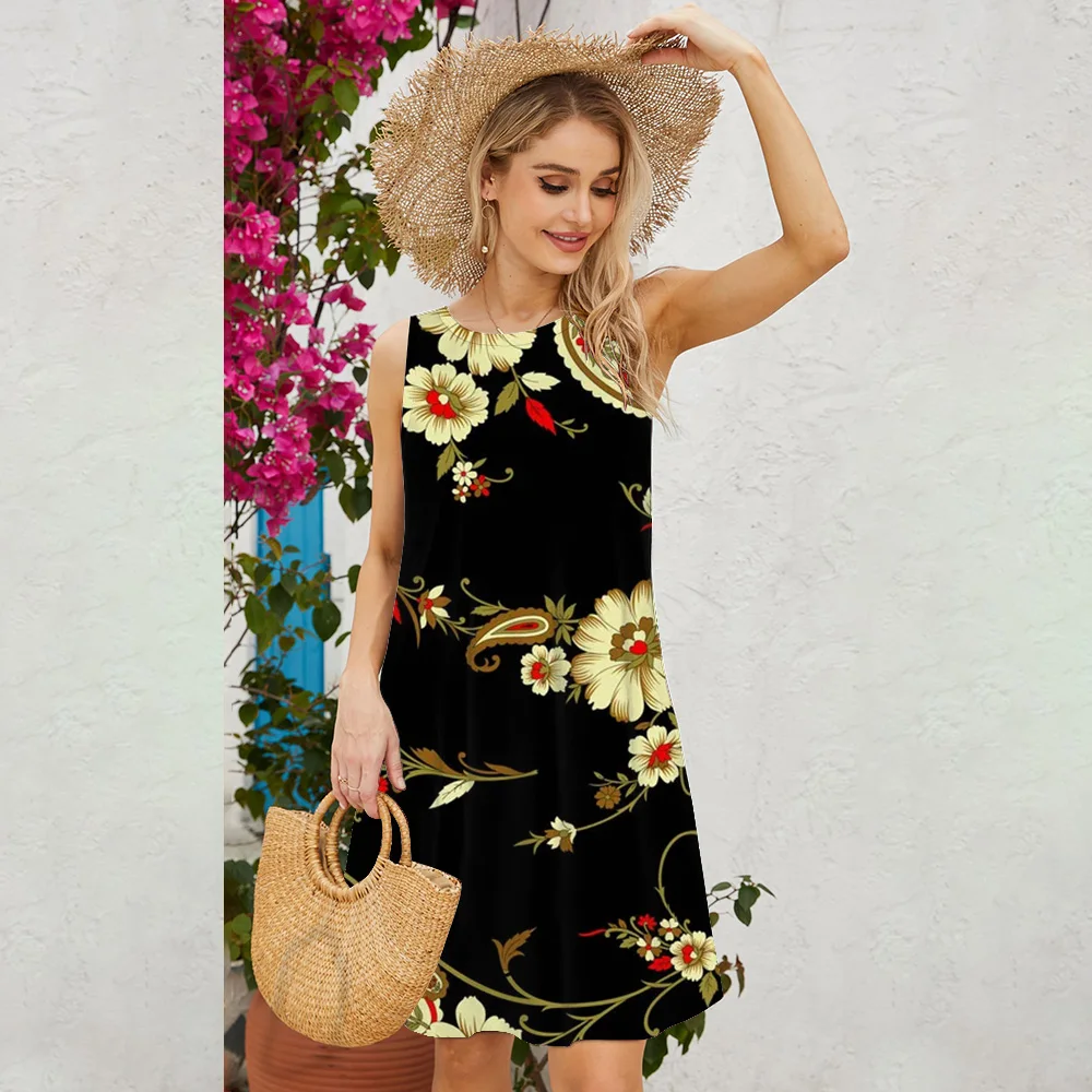 Fresh And Elegant Colorful Floral Print Round Neck Vest Dress Spring And Summer Elegant Beach Seaside Romantic Sleeveless Dress