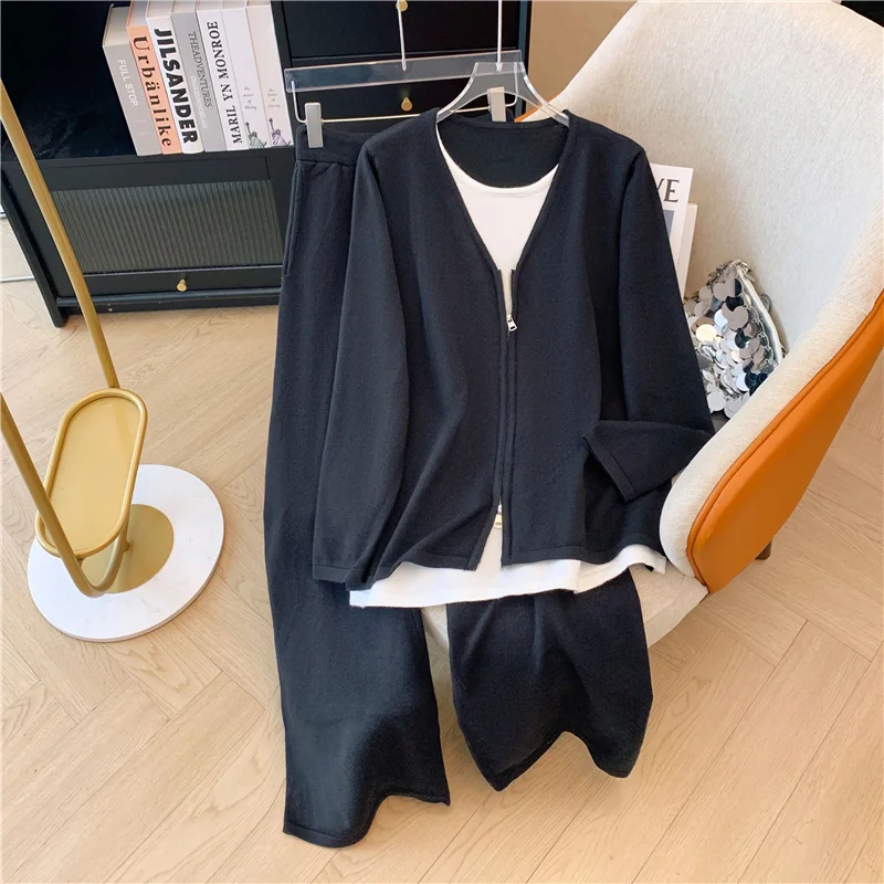 Women Vintage Fashion Solid color Knit Casual Loose Suits Autumn Winter Zipper Hoodie High Waist Wide Leg Pants Two Piece Sets