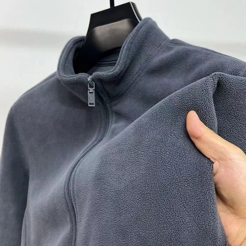 Men's Fleece Hoodie Autumn Winter Thicken Standing Collar Zipper Cardigan Jacket Simple Fashion Street Warm Outerwear Tops