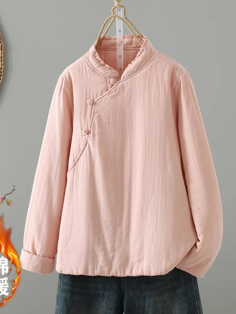 

Женское хлопковое джемто с застежкой на пуговицы, льняной воротник, тонкое зимнее пальто, художественное однотонное свободное длинное пальто