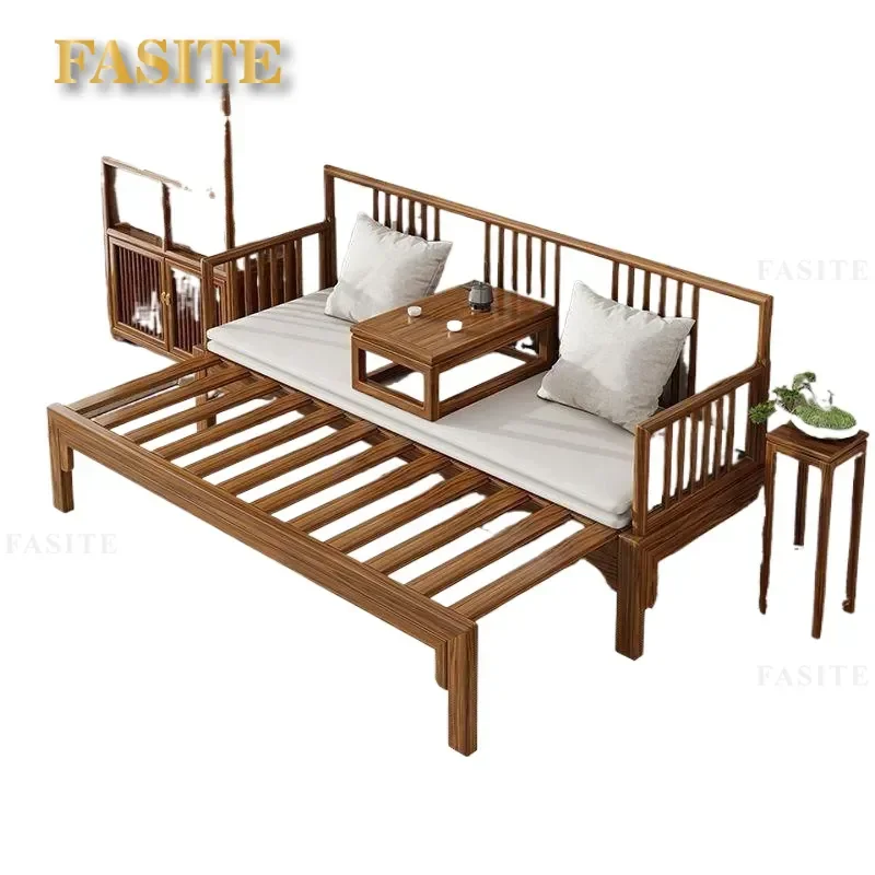 For Small Apartment Living Room Solid Wood Arhat Bed Dual Purpose Push Pull Retractable Sofa Bed Zen Style Household