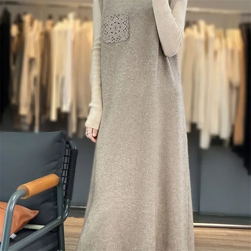 Cashmere Long Vest Dress Autumn Winter Crochet Sleeveless Knit Sweater Dresses Women Solid Loose Causal Woman Clothing