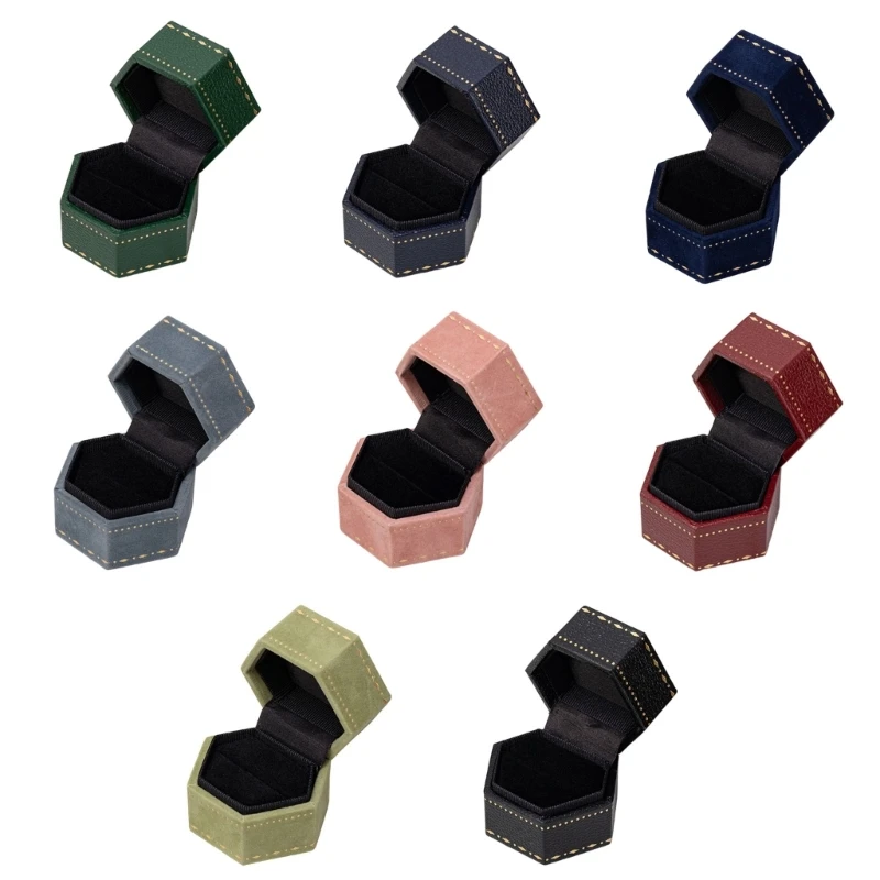 C1FE Hinged Ring Storage Box with Interior Holding Slot and Decorative Hexagonal Frame for Jewelry Retail Presentation