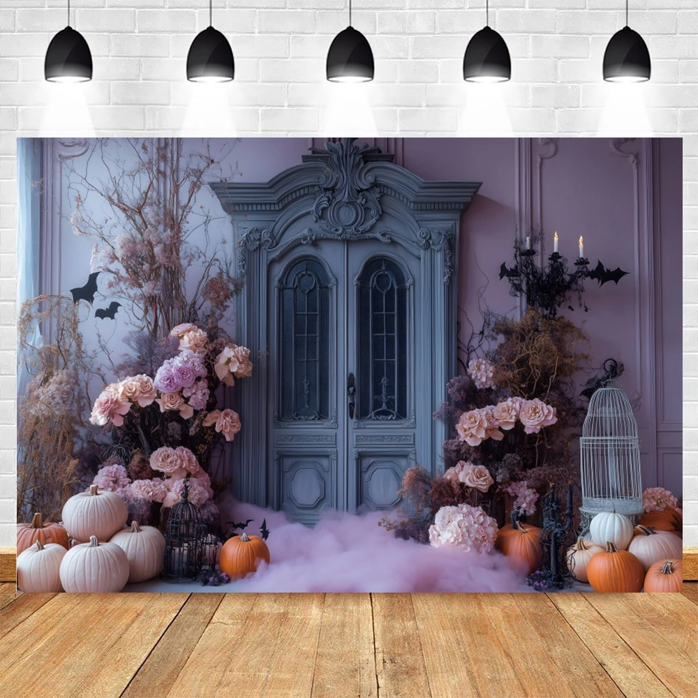 Fondo de pared Interior rosa para fotografía de Halloween, pared de palacio de Castillo, puerta de madera, retrato de niños, accesorios de fotozona