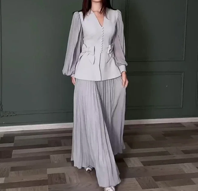 

CPSYMYM Two Piece Set Women Outfit Spring Solid Color Bow Decor V-Neck Lantern Sleeve Top & Elegant Temperament Long Skirt Set