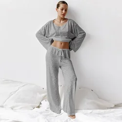 Women's Sexy Fashion Knitted White Round Neck Long Sleeve Pajamas and Pants Set Solid Color Softness Skin-friendly Home Wear