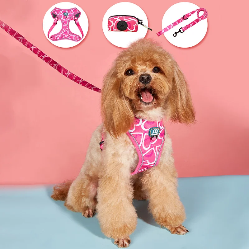 3Pcs/Set Love Heart Print High Quality Adjuatbale Rose Red Color Pet Dog Harness & Leashes & Poop Bag Holder Set For Walking