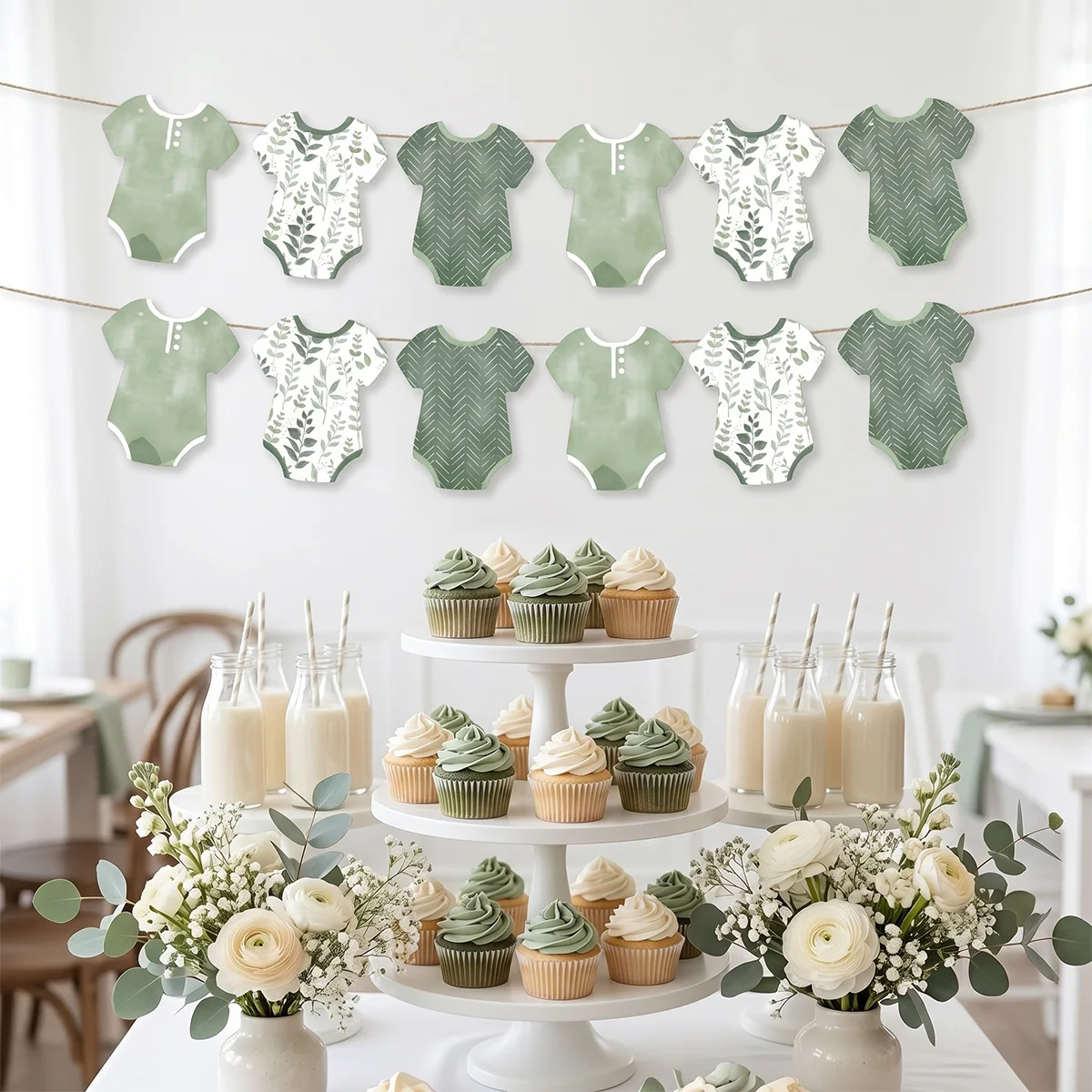 Happiness Boho Botanical Baby Garland Banner Greenery Baby Bodysuits Baby Shower Gender Reveal  Baptismal Party Decorations