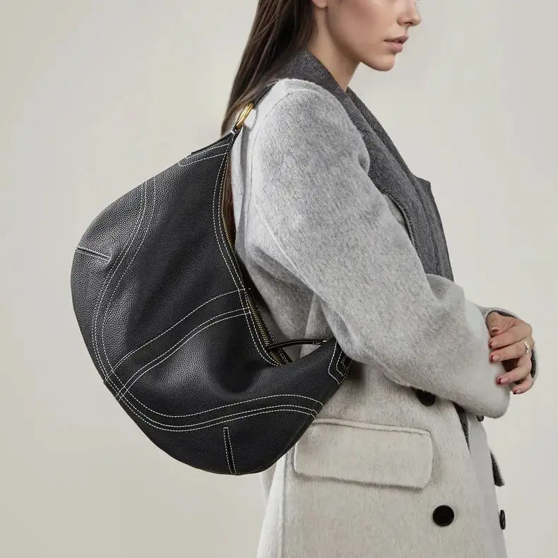 Large Capacity Shoulder Bag Genuine Leather Casual Relaxed Style, Spacious, Soft Durable Handbag, Fashionable Casual Horn-Handle - view 4