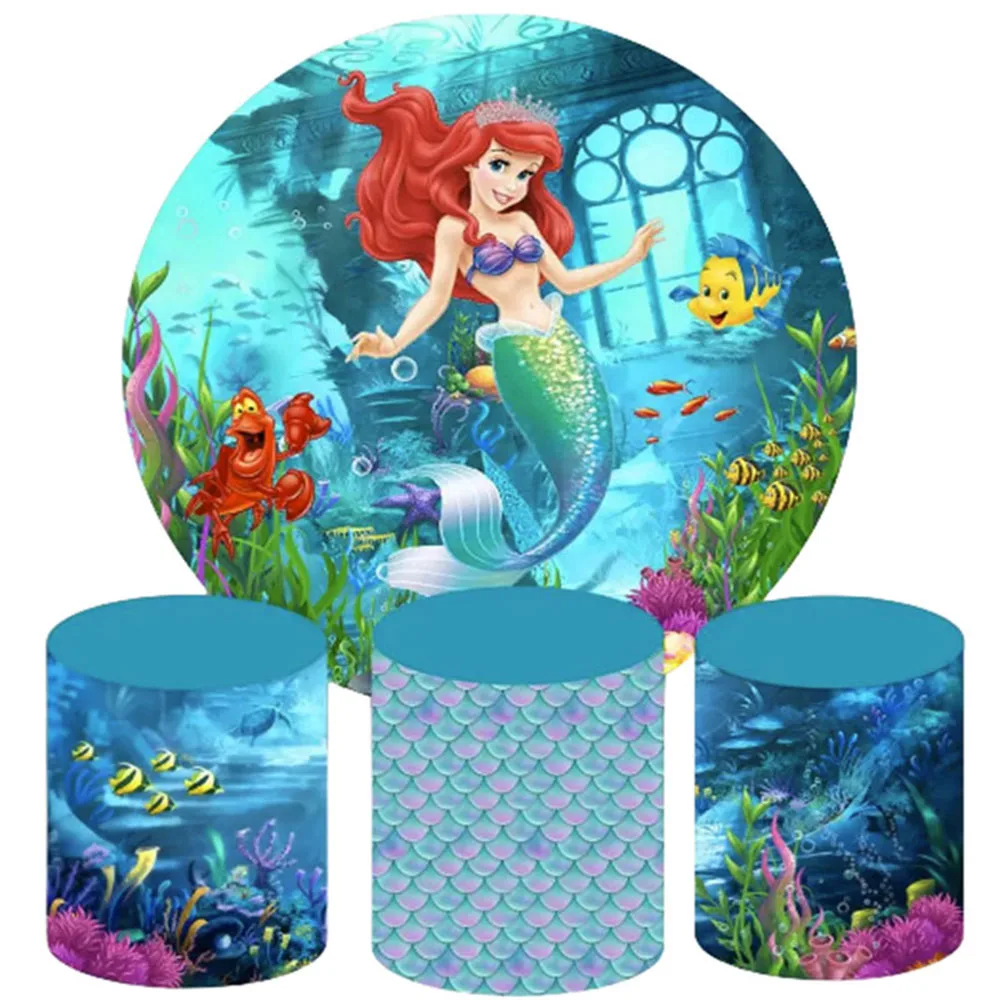 The Little Mermaid Ariel Round Backdrop And 3 Cylinder Covers Background Photography Baby Shower Birthday Party Decoration Props