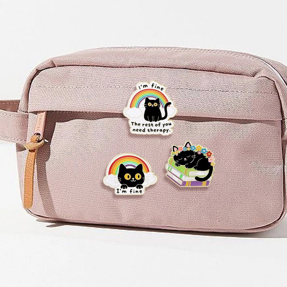 Funny I'm Fine Black Cat Rainbow Design Enamel Brooches The Rest Of You Need Therapy Kitten Golden Pins Pet Owner Badge