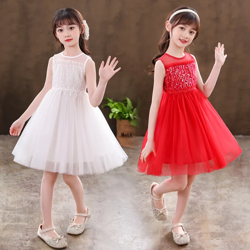 

Girls' Summer Vest Dress Baby White Puffy Tulle Princess Dress Children's Stylish Sequin Embroidered Dress