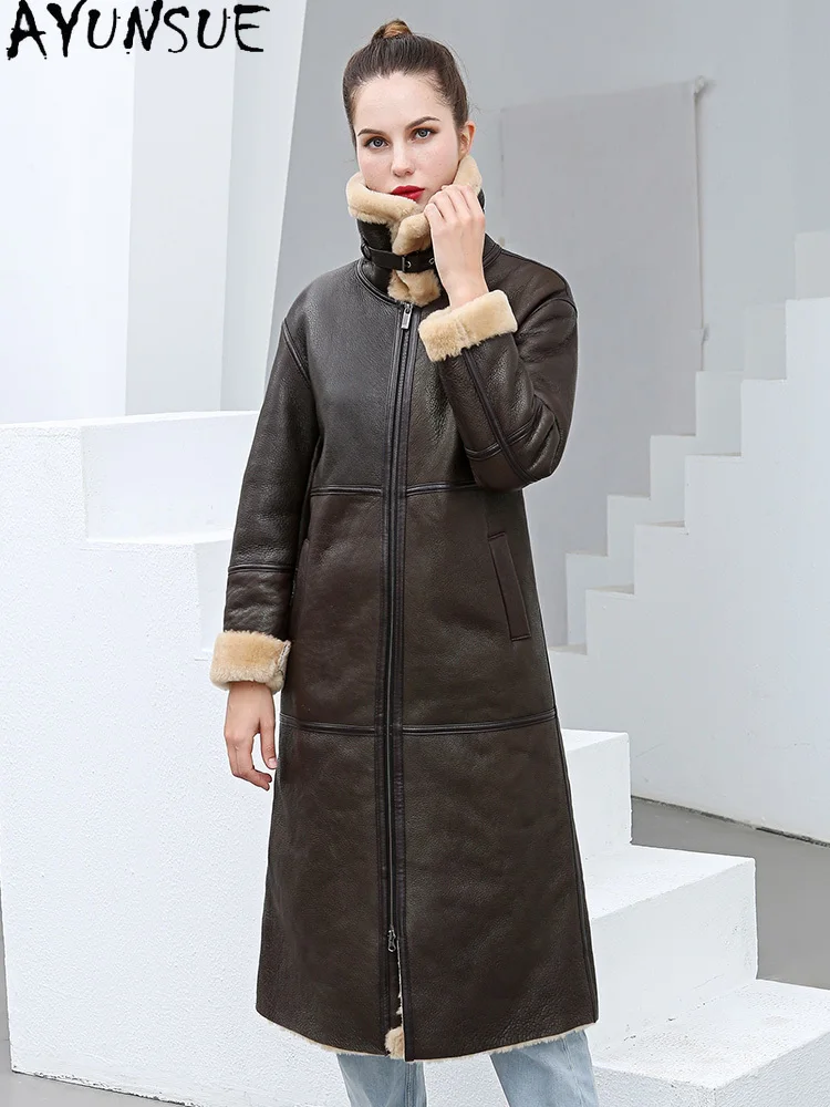 AYUNSUE 진짜 가죽 자켓 여성 겨울 코트 양모 천연 양피 모피 코트 여성 의류 롱 스타일 Пальто Женское