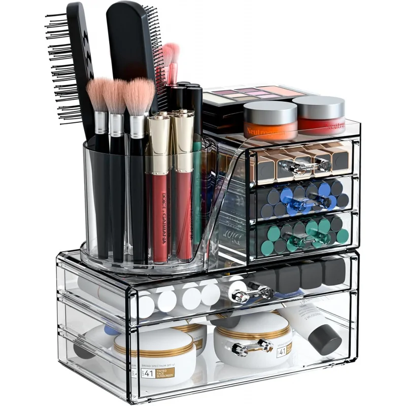 

SuoXing 2 Pack Clear Acrylic Makeup Organizers With Drawers For Vanity And Countertop,Cute Skincare Organizer,Cosmetic Storage W