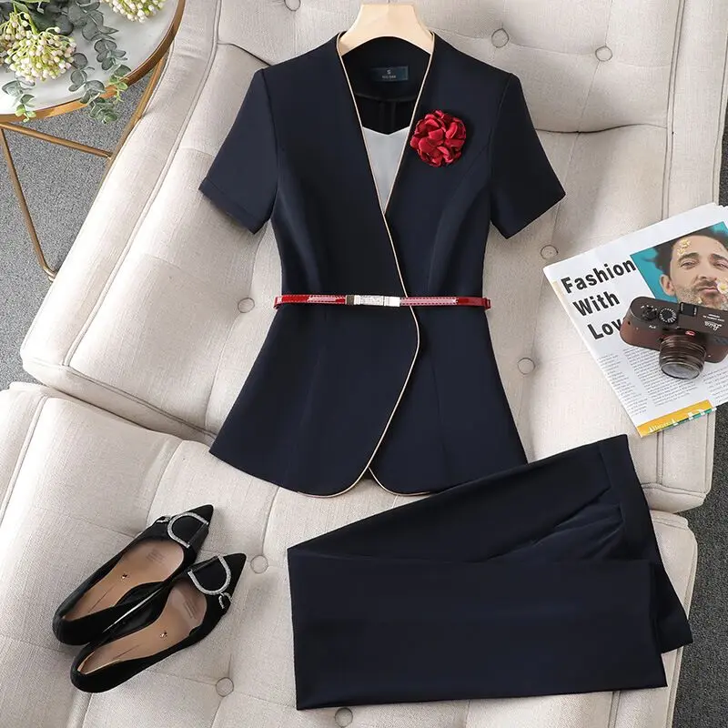 

Advanced Temperament Professional Women's Suit Office Work Retro V-neckShort Sleeve Belt Slim Fit Pants And Short Skirt 3Pcs Set