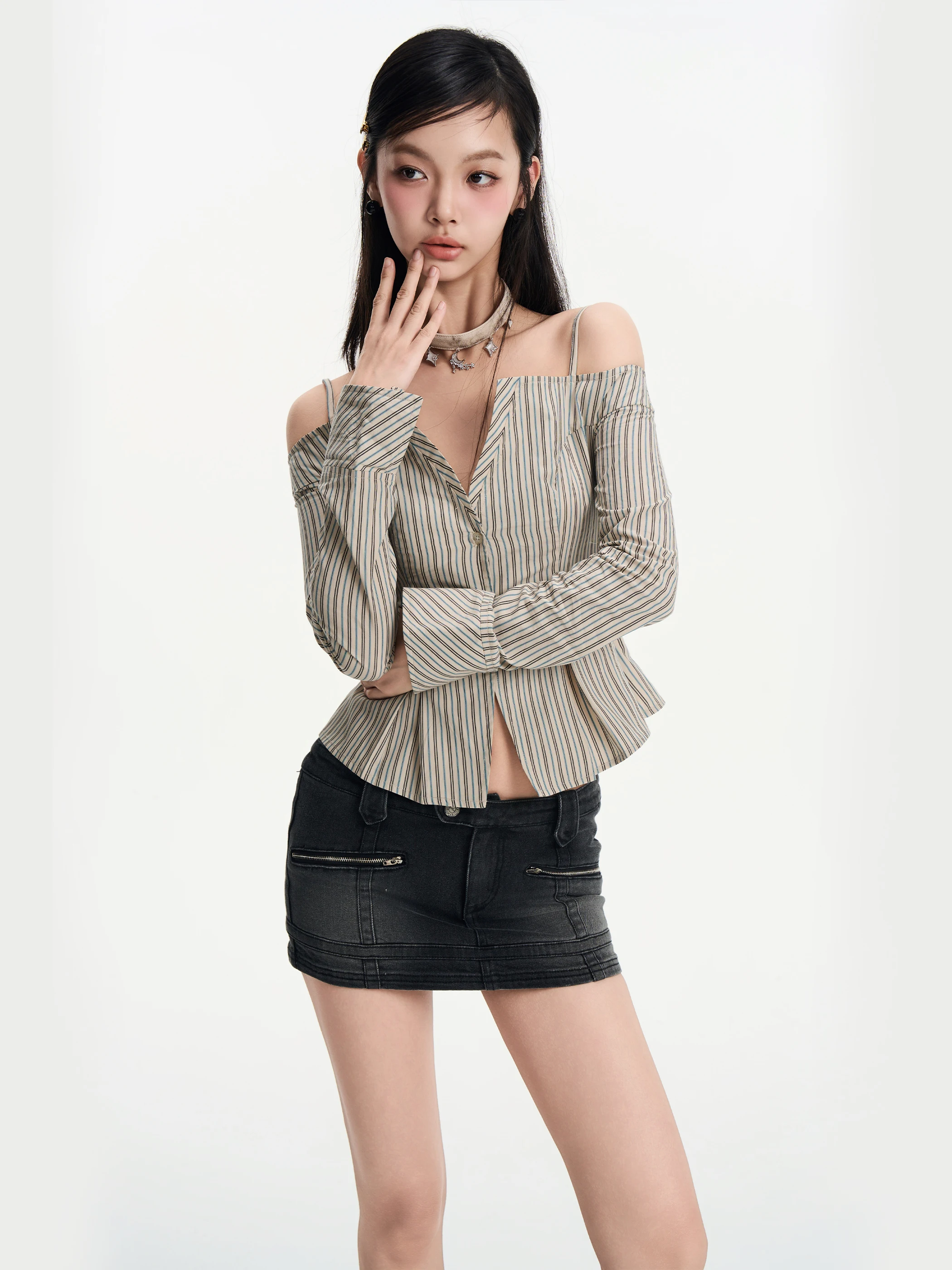 

IUNAE LUMEN Original Design oulder Bared Strap irt Asymmetrical Waist Cinching Long Sve Ele Sle Cotton Blend