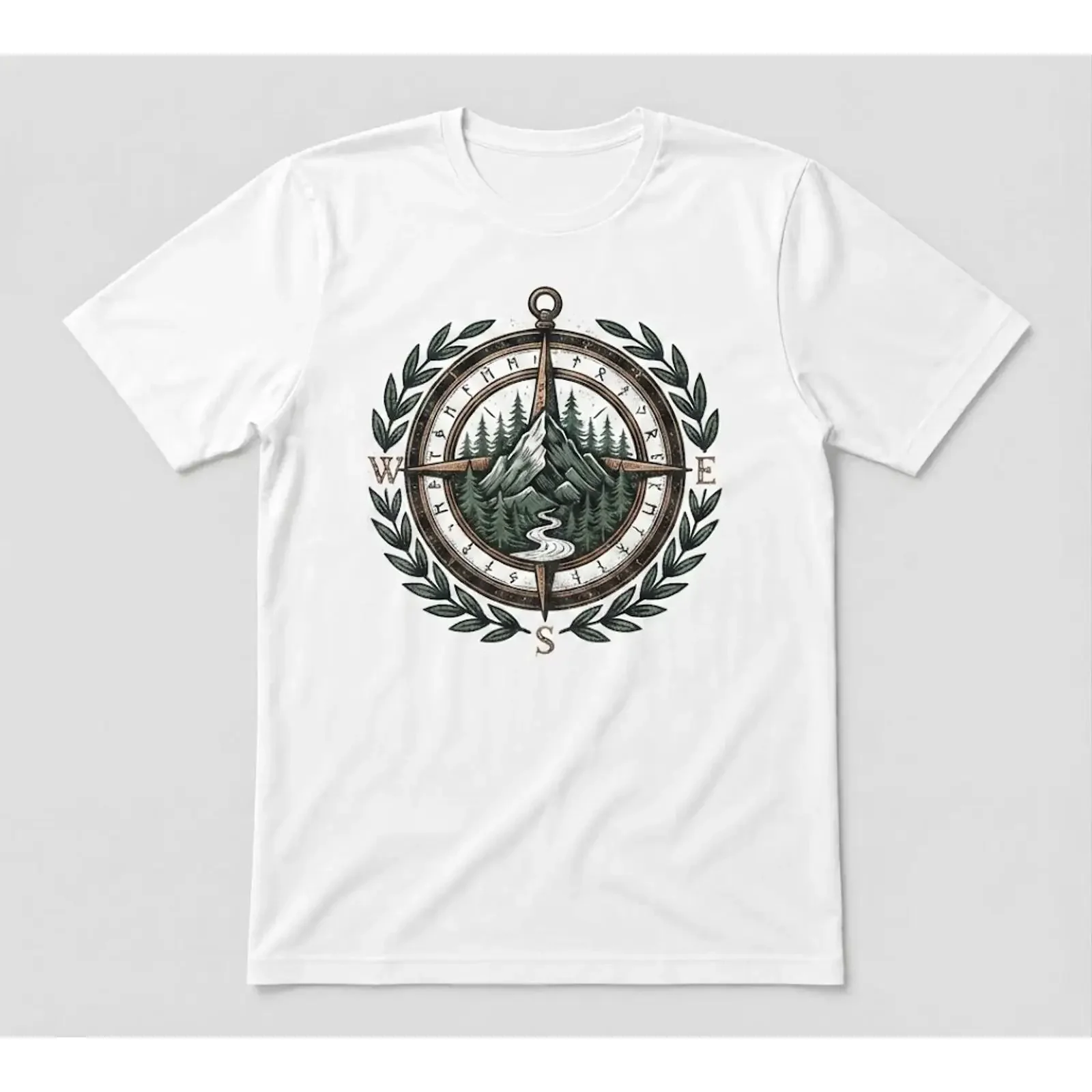 Camping Compass Mountain Forest Outdoor Adventure T Shirt White vintage Washed Unisex fashion Stylish Soft streetwear