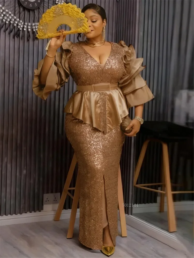 

plus Size African Dashiki Sequin Bodycon Long Dress with Slit Elegant Muslim Wedding Evening Gown for Women Sexy Turkish Party D