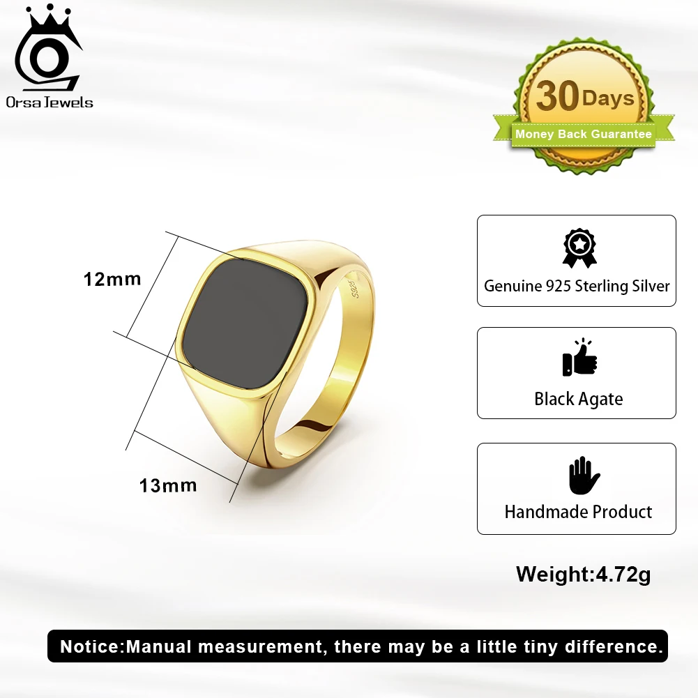 ORSA JEWELS Genuine 925 Sterling Silver for Men 18K Gold Plated Black Agate Square Finger Ring Smooth Surface 10-13 Size NMR01