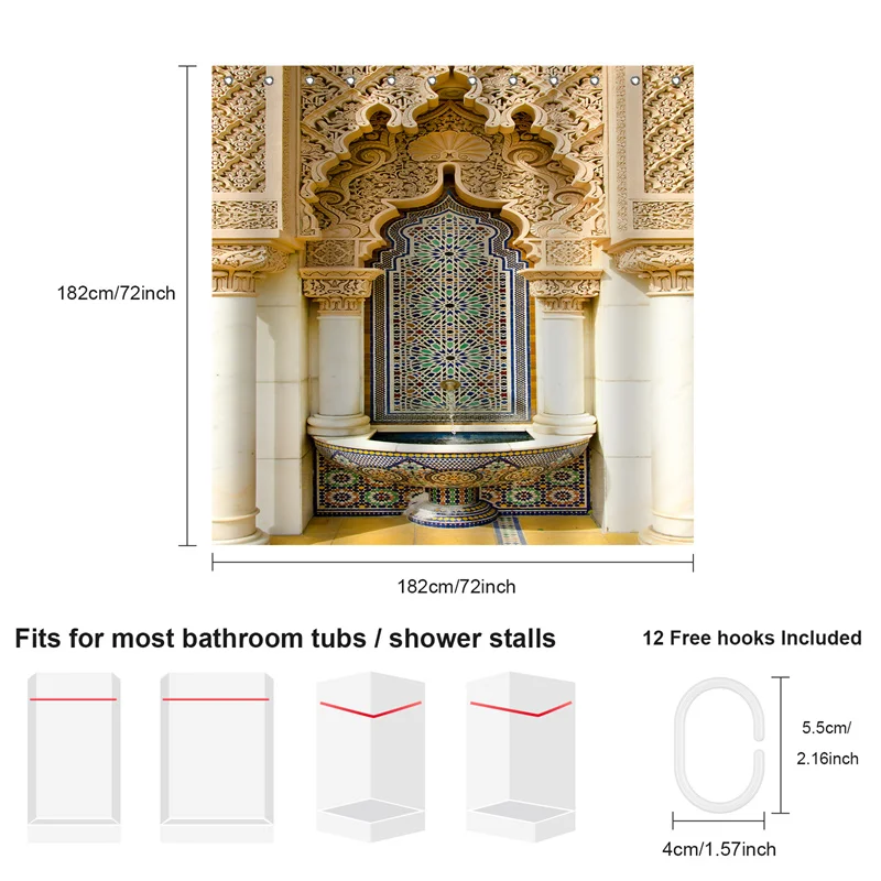 Moroccan Architecture Design Shower Curtain Garden Decorative Curtains Waterproof Fabric Bath Curtain with 12 hooks