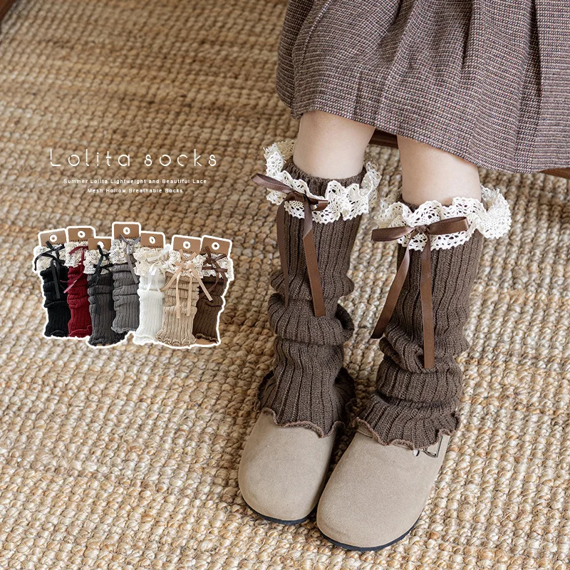 Y2K Lace Ribbon Leg Warmers Woman Autumn and Winter Ballet Style Lolita Knee Warmers Long Socks JK Knitted Girl White Stockings