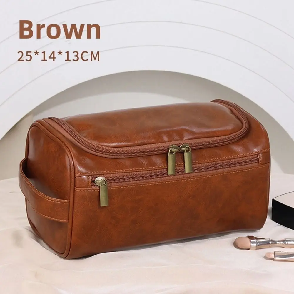 Portable PU Leather Men Toiletry Bag With Handle Waterproof Cosmetic Storage Bag with Hanging Hook Handheld Makeup Bag Men