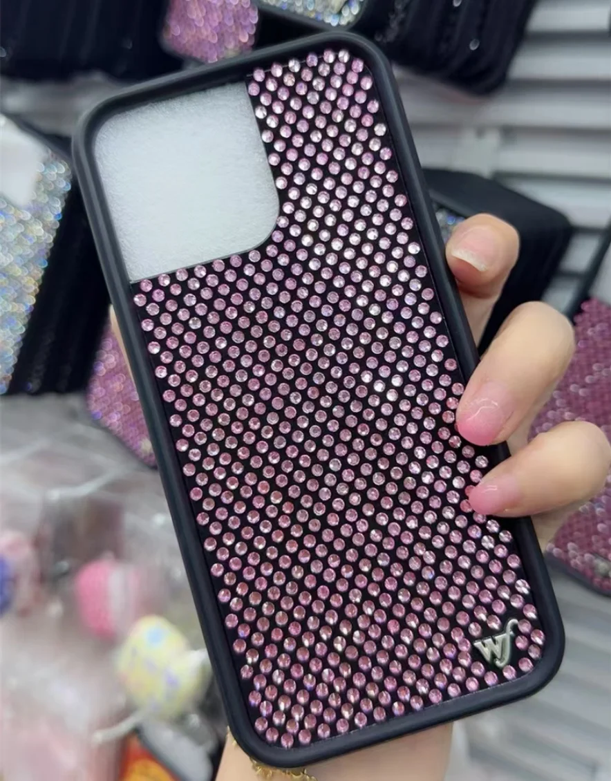 

Wildflower Pink White Rhinestone Sparkling Phone Case For iPhone 17 12 13 14 15 16 Pro Max crystal diamond Shiny wf Cover﻿﻿﻿﻿﻿