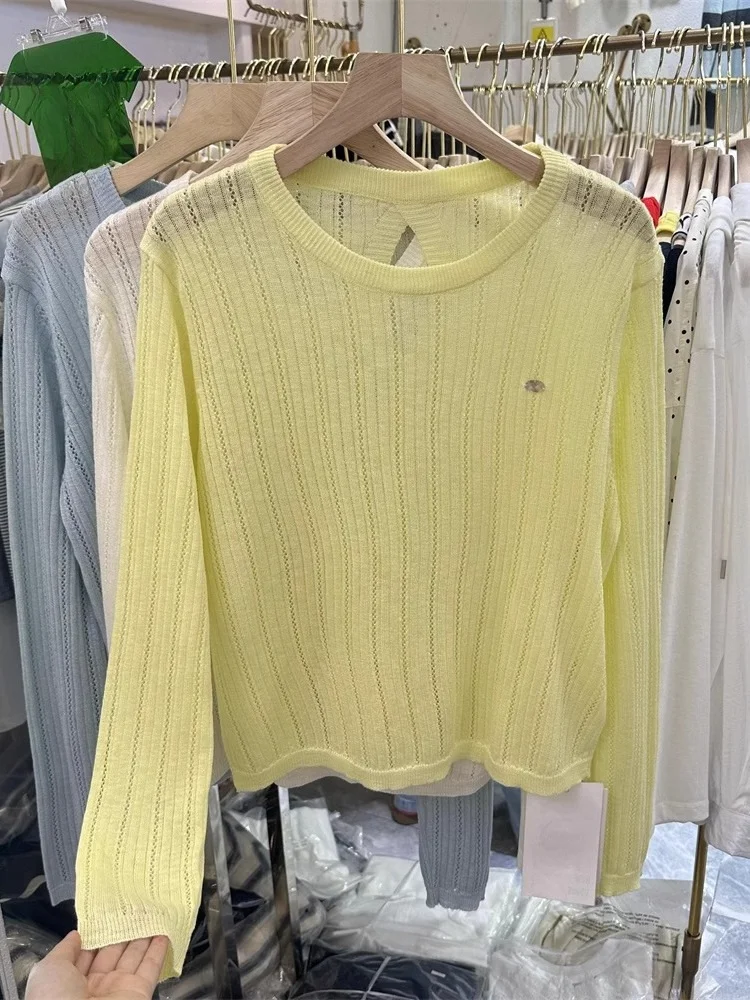 Fashionable Hollow out Thin Pure Color round Neck Knitted T-Shirt Korean Style Loose Fit Summer Top for Young Women