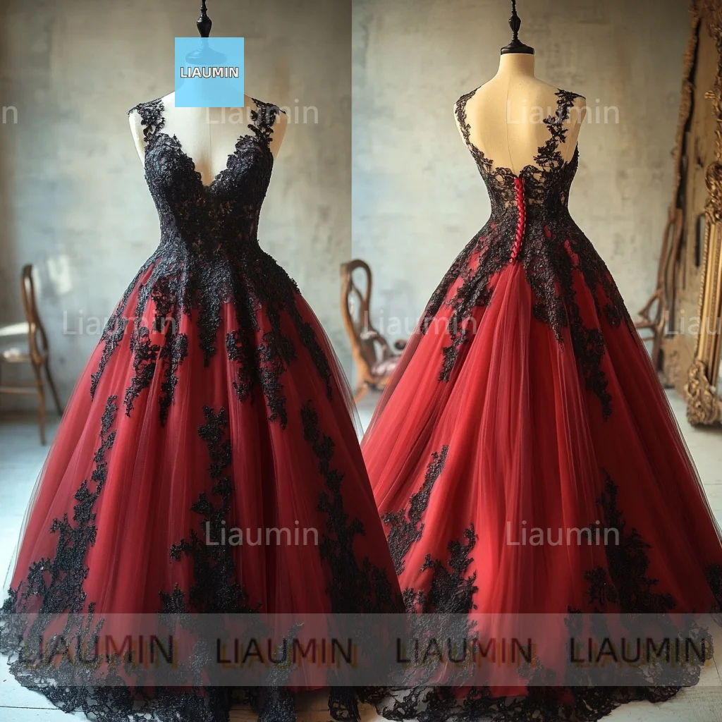 Classic Ball Gown Red Tulle Black Lace Applique V Neck Full Length Prom Formal Wedding Dresses Evening Lace-up Custom C-1.15