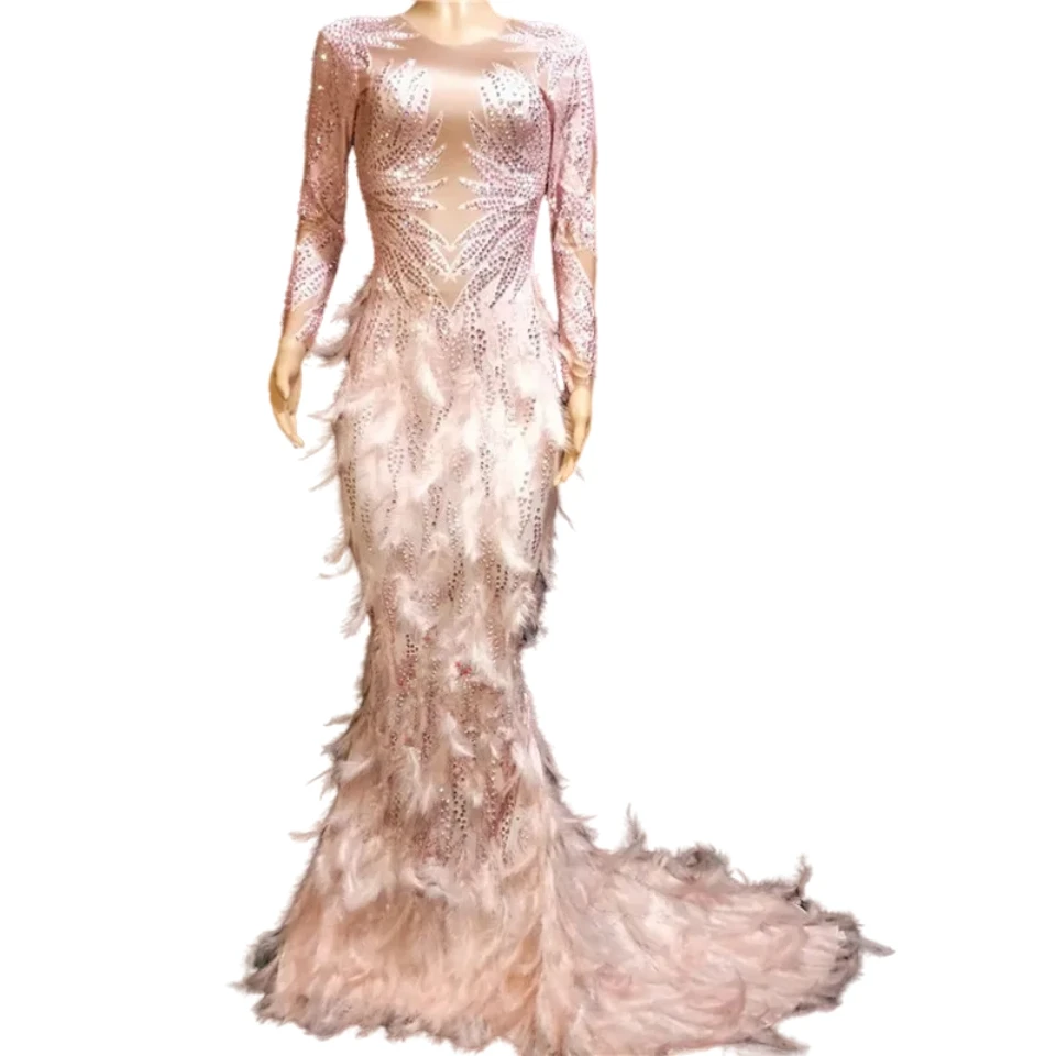 

Pink Rhinestones Feathers Trailing Dress Women Birthday Party Models Catwalk Mermaid Dress Evening Performance Singer Long Dress