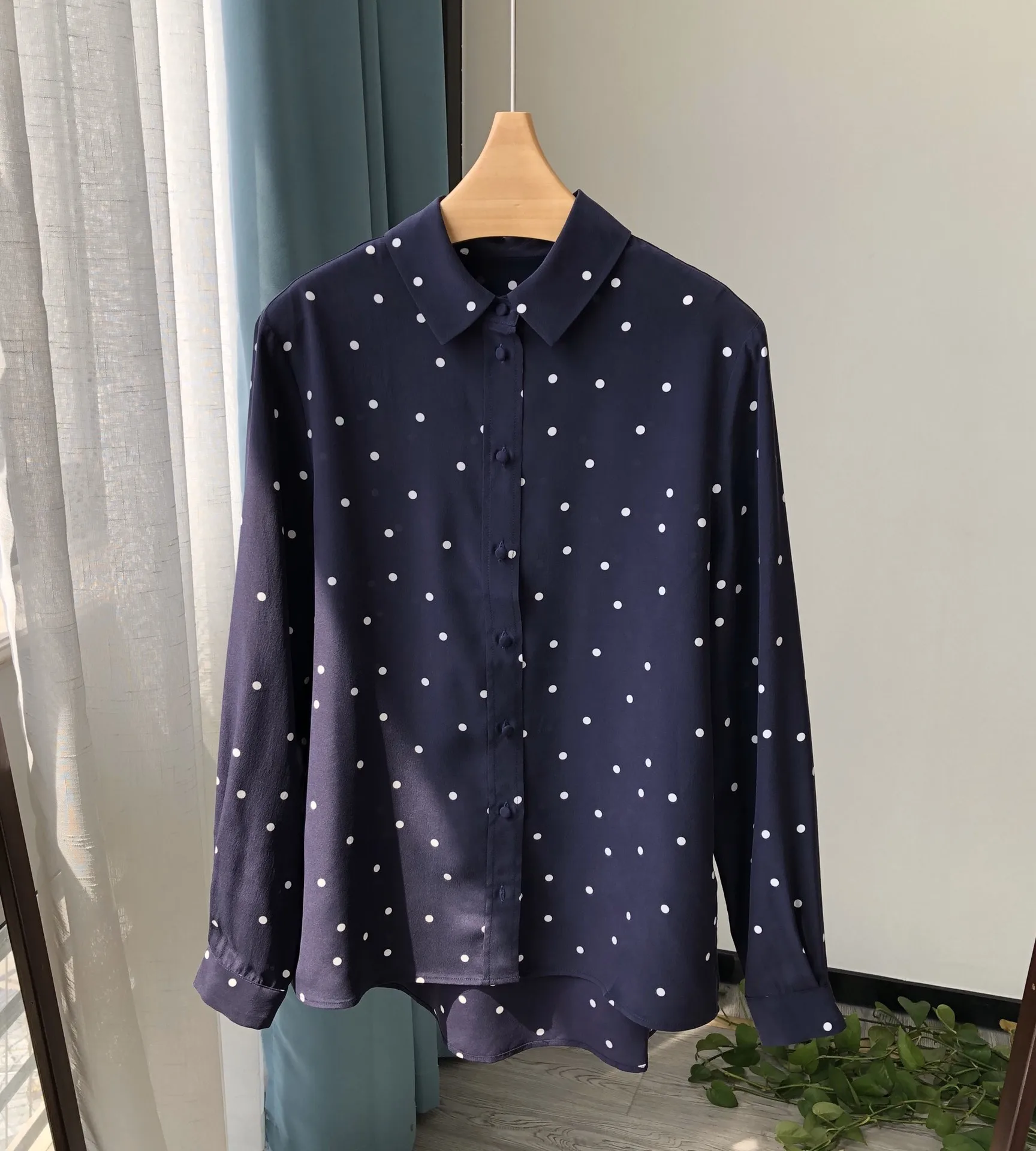 French Polka Dot 100% Silk Shirt Top Elegant Blouse Basic Women Casual Print Long Sleeve Shirts Single Breasted Streetwear Tunic