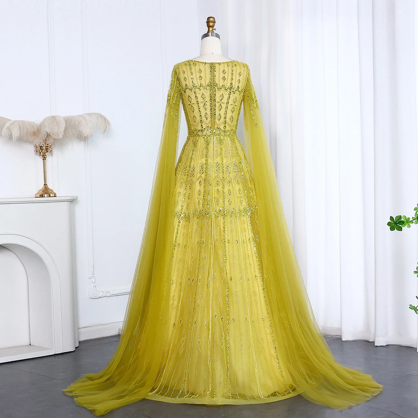 Sharon Said Luxuriöses Dubai Blaues Abendkleid mit Cape-Ärmeln in Übergröße, A-Linie, Arabisches Hochzeits- und Festkleid SS001, Maßanfertigung – Detail 25