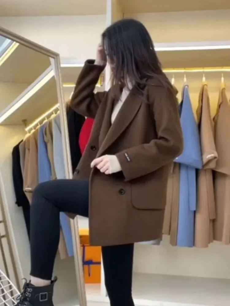 2024 primavera autunno New Casual Office Blazer Jacket capispalla da donna coreano sciolto di media lunghezza doppiopetto Blazer di lana cappotto