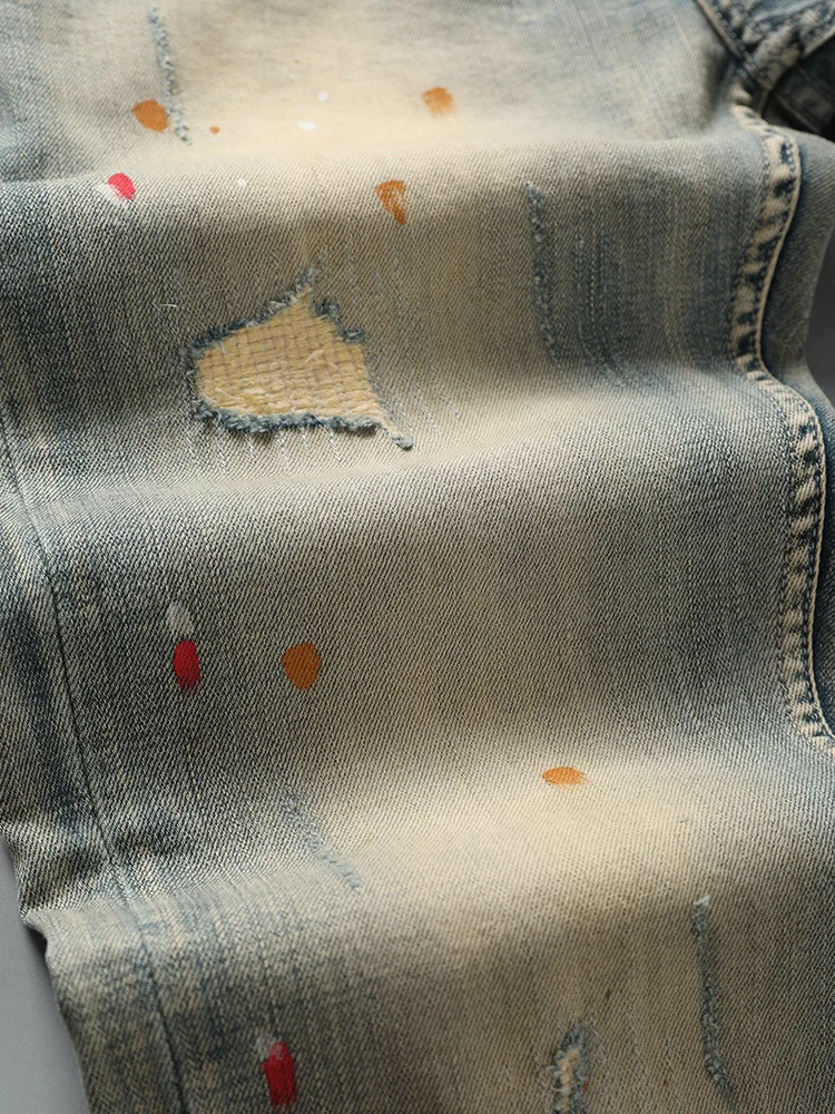 アメリカンレトロジーンズ メンズ 2025年新作 スモールフィット イエローマッド染め ダメージ加工 カジュアル ノスタルジック ロングパンツ