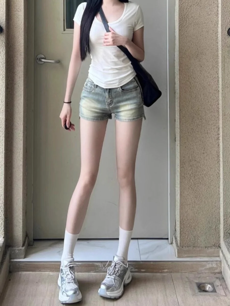 Retro American Washed Denim Side Zipper Super Short Jeans Women's Summer Tight Low Waist Straight Leg Butt Lifting Hot Pants
