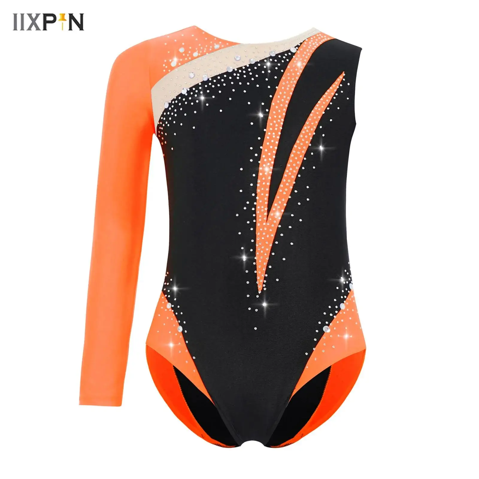 

Kids Girls Gymnastics Figure Skating Dance Leotard Asymmetrical Long Sleeve Round Neck Shiny Rhinestones Color Block Bodysuit