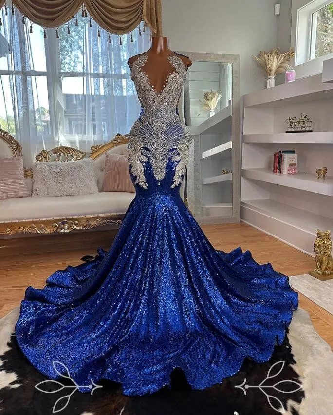 Sparkling Blue Silver long mermaid prom dress for black girl luxury diamond crystal sheer mesh evening party gown