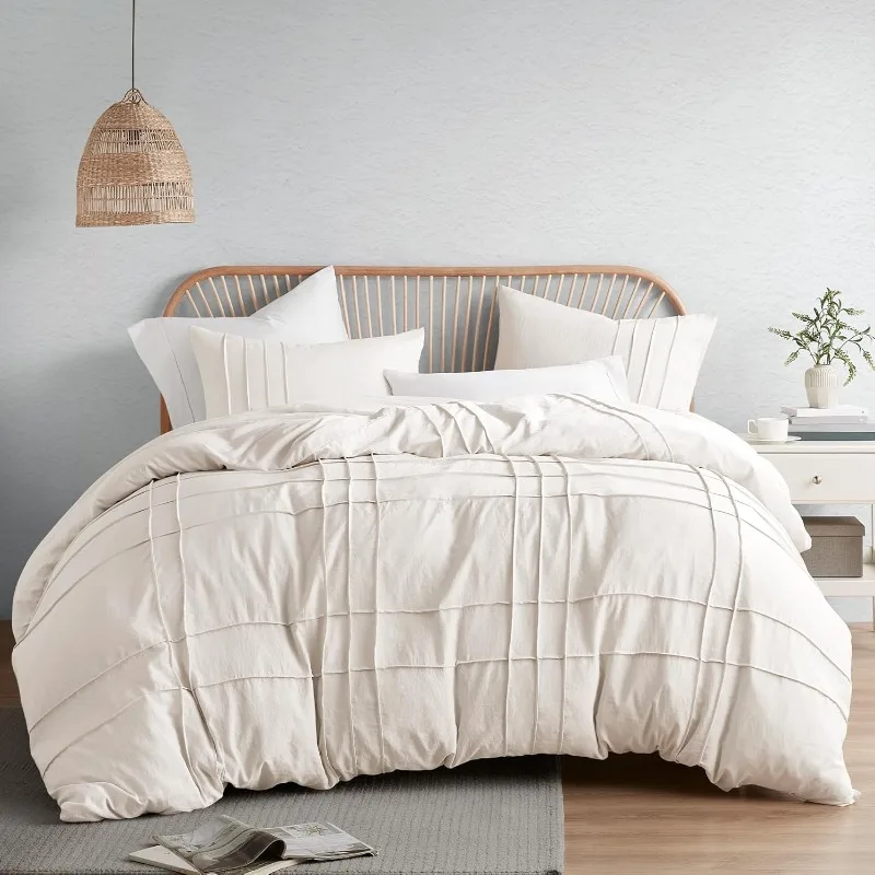 Cream King Size Duvet Cover Set - 3 Pieces Pintuck Pleated Duvet Cover King, All Season Lightweight, Extra Softness Pre-Washed