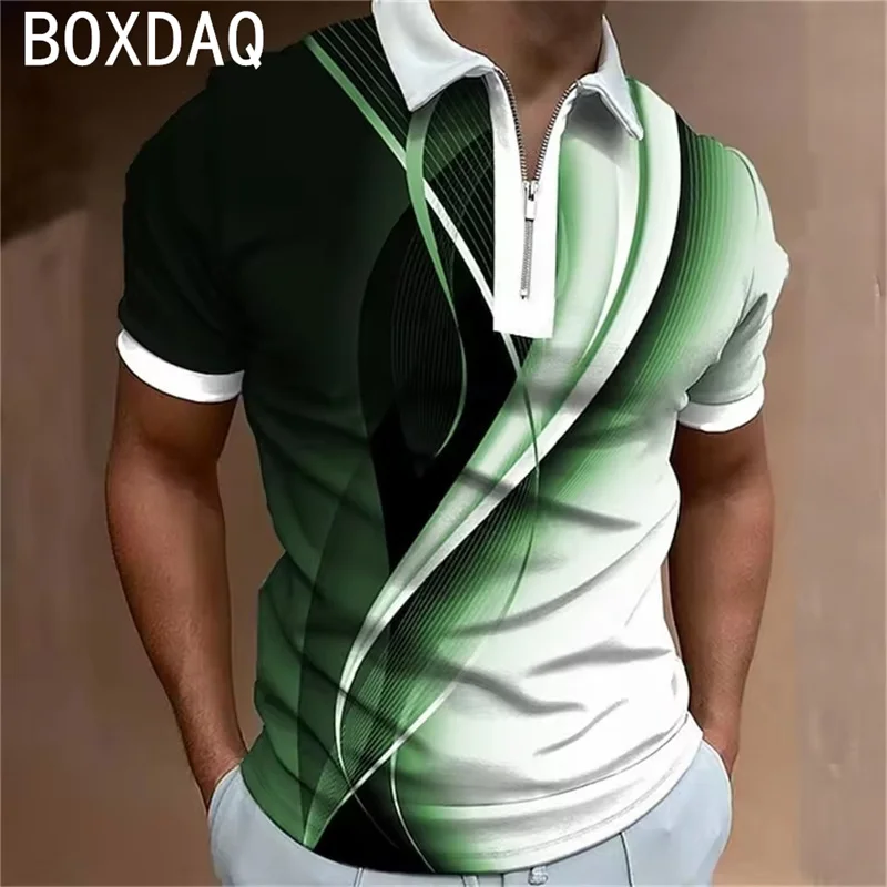 Summer Men's Golf Sport Polo Shirt 3D Striped Gradient Printed Casual Shirt Tops Oversized Men Summer Short Sleeve Lapel T-Shirt